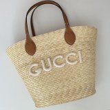 Fashion Medium Straw Tote With Gucci Patch 779530 Fake Bag